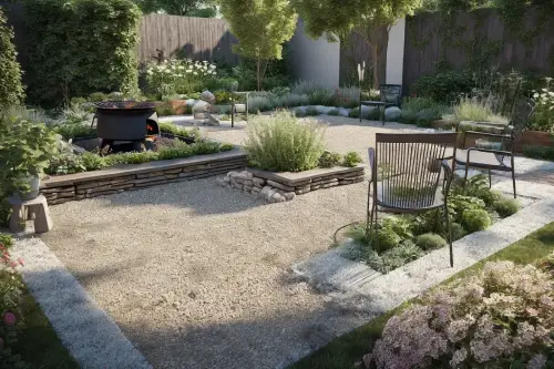 AI Generated Designs Stone walls and small patches of plants and flowers have created a captivating space.