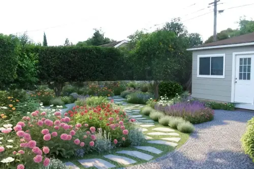 AI Generated Designs Making use of all of the empty space, here the model has chosen to fill space with a winding pathway through an abundance of plants.