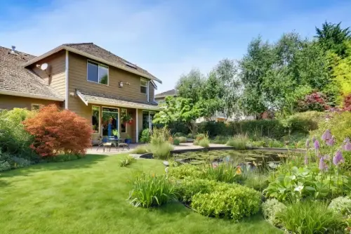 AI Generated Designs A stunning and huge wildlife friendly pond. adding immense value with benefits to your garden and your wellbeing with the frequent wild visitors who will be attending.