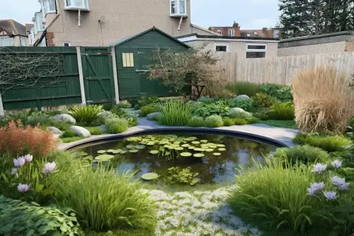 AI Generated Designs Who needs grass? Here the entire garden has been transformed to accomodate a pond surrounded by sleek concrete paving slabs that yells prosperity.